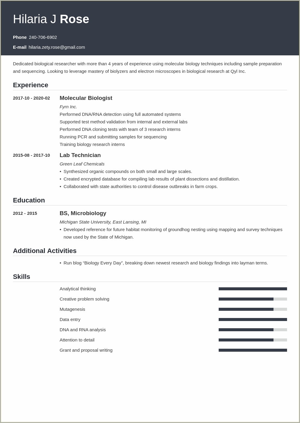 Professional Skills In Biology For Resume