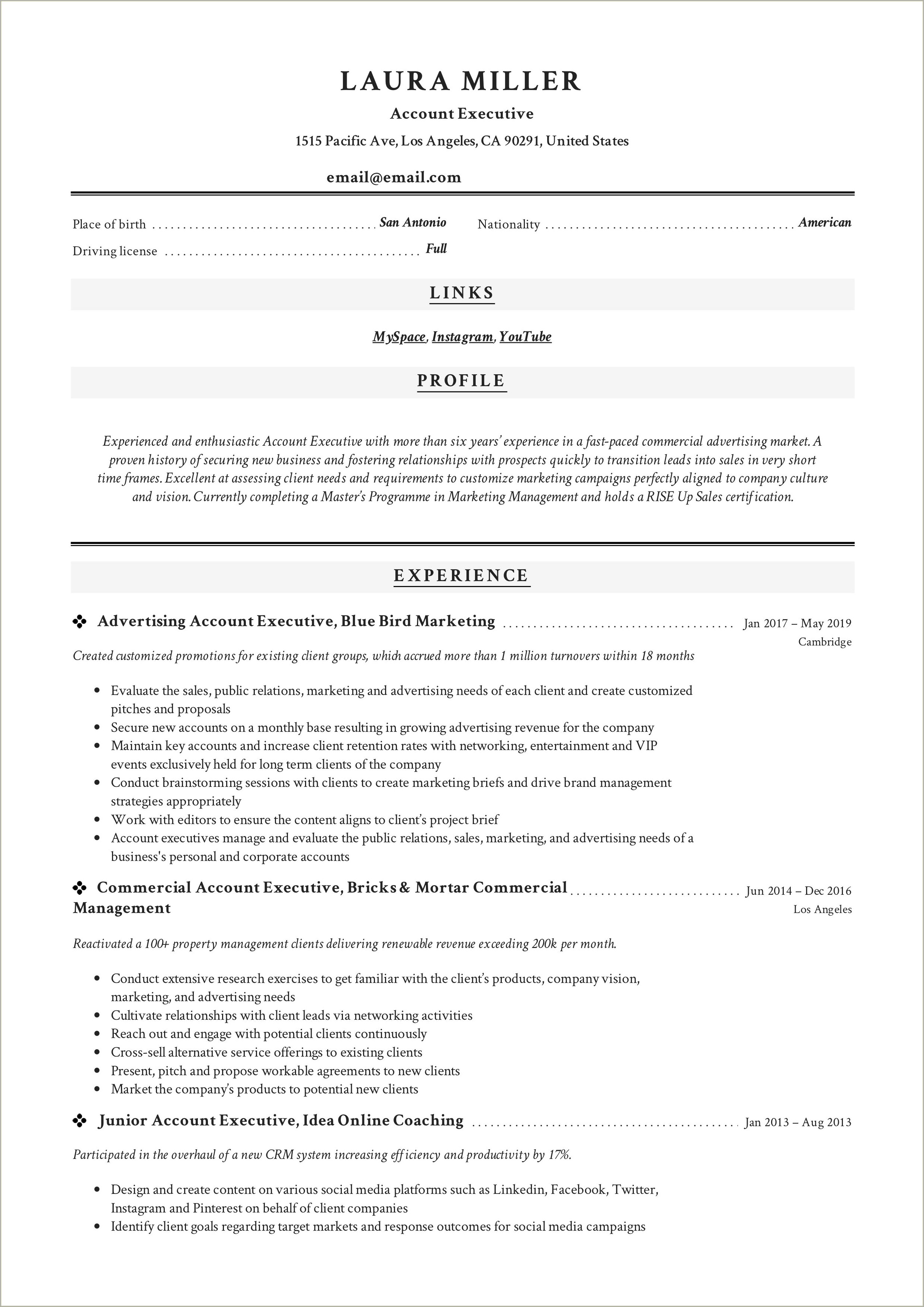 Professional Sports Account Executive Resume Samples