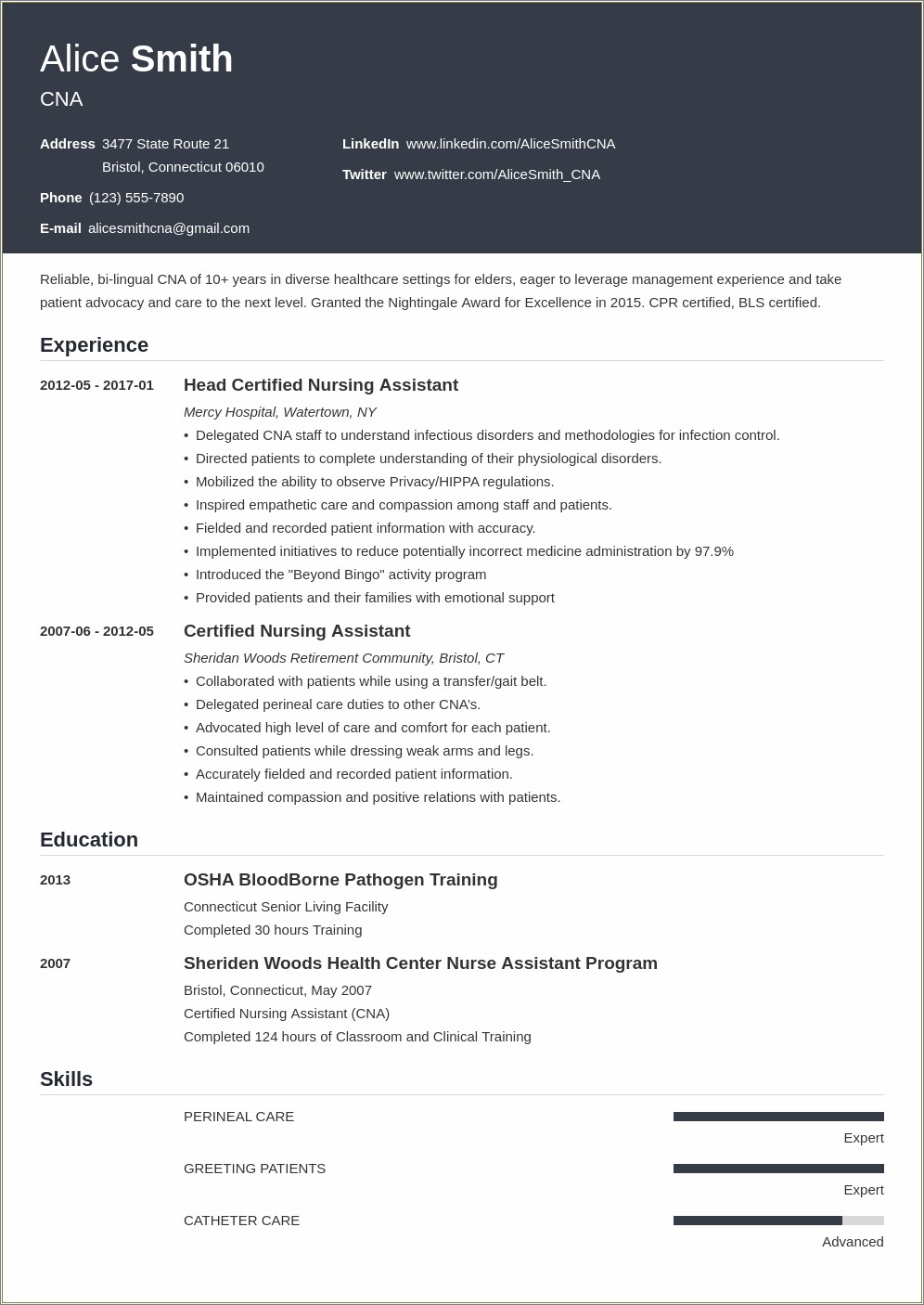 Professional Summary For A Cna Resume