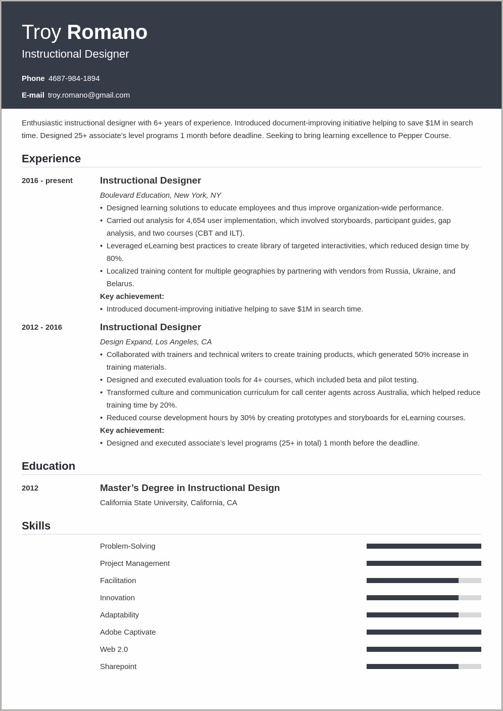 Professional Summary For An Instructional Design Resume