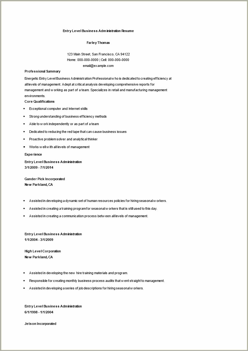 Professional Summary For Business Administration Resume