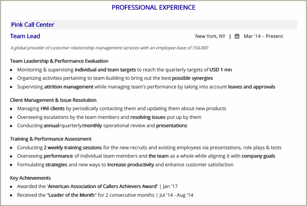 Professional Summary For Call Center Resume