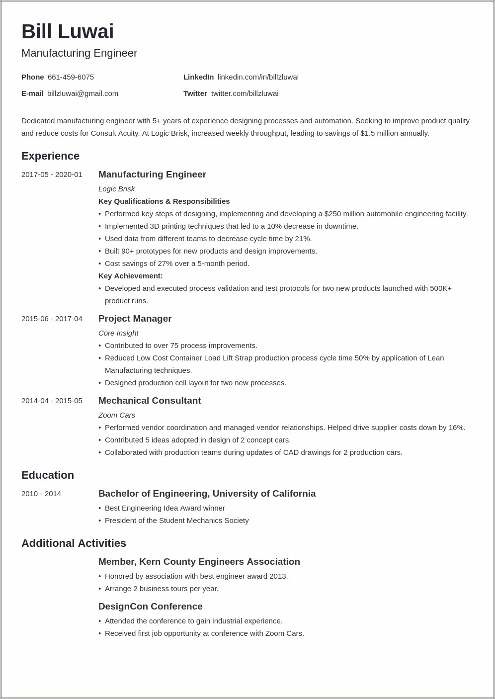 Professional Summary For Manufacturing Engineer Resume