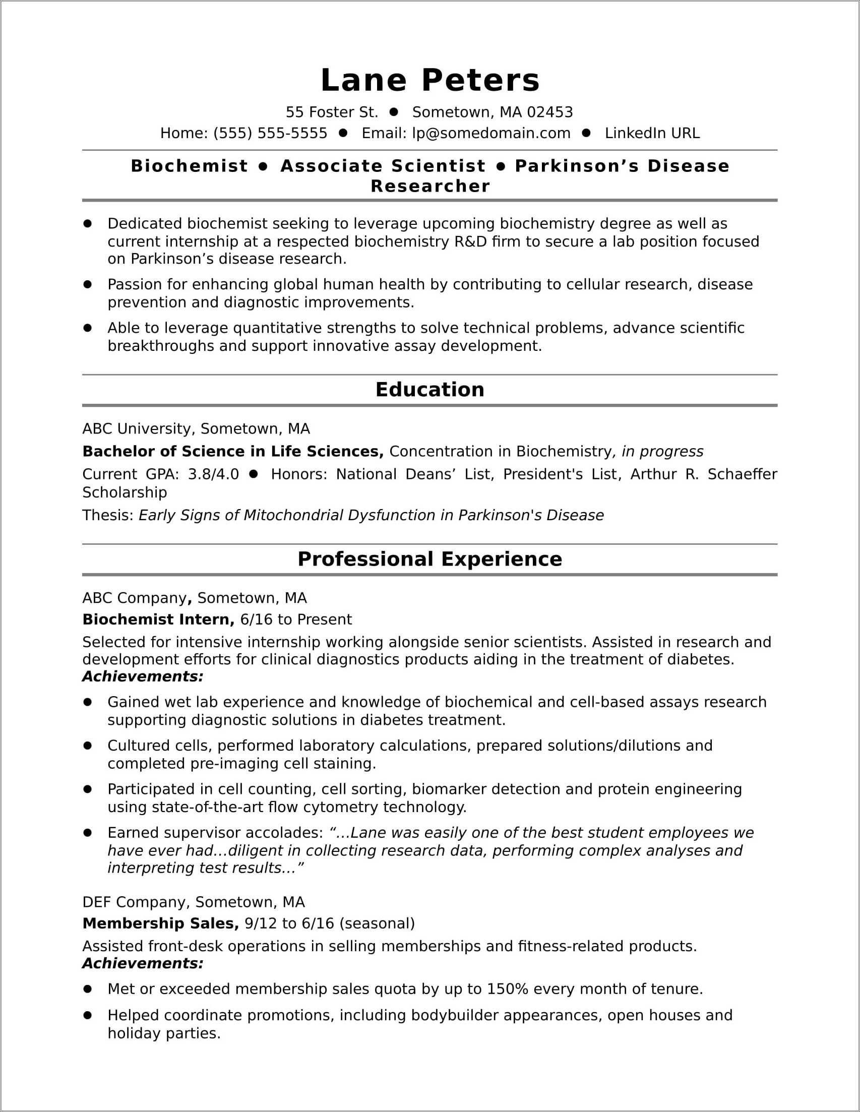 Professional Summary For Resume Molecular Biology