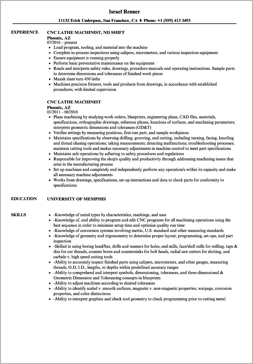 Professional Summary For Resume On Machinist