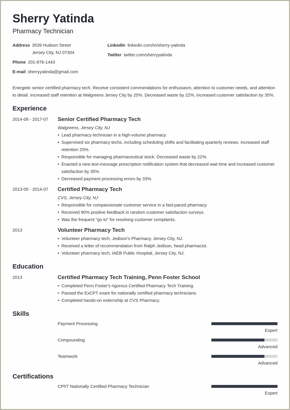 Professional Summary For Resume Pharmacy Technician
