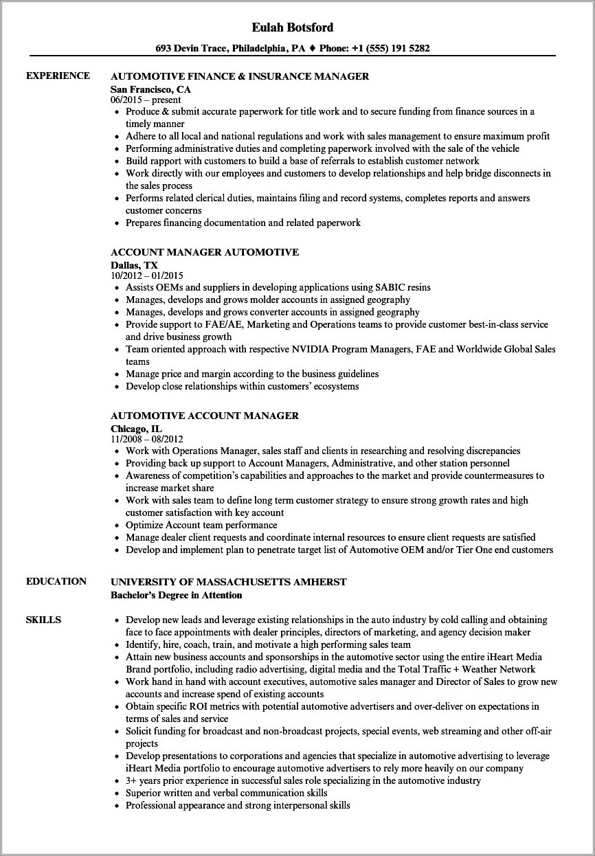 Professional Summary For Resume Vehicle Electronics Program Manager