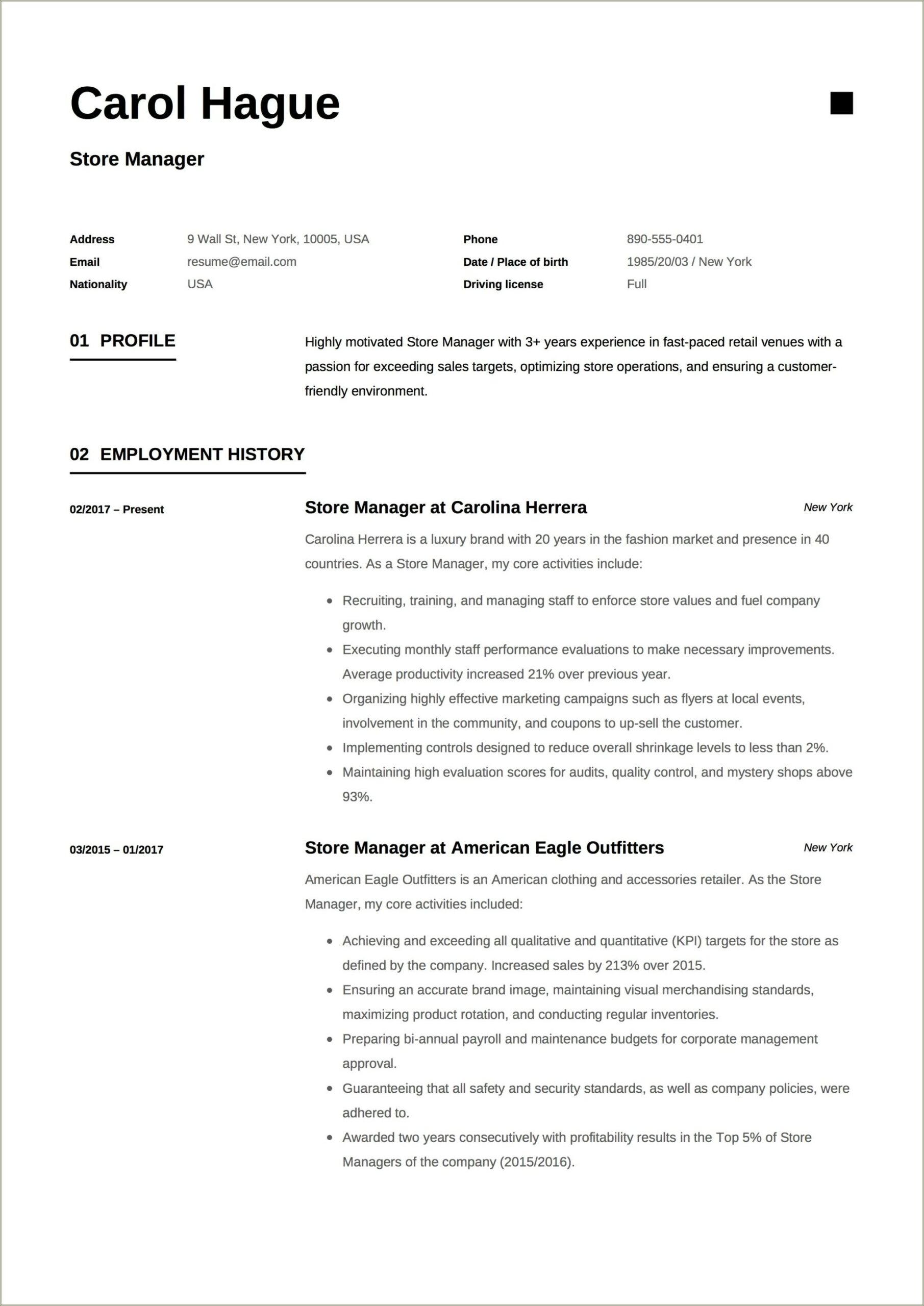 Professional Summary For Retail Management Resume