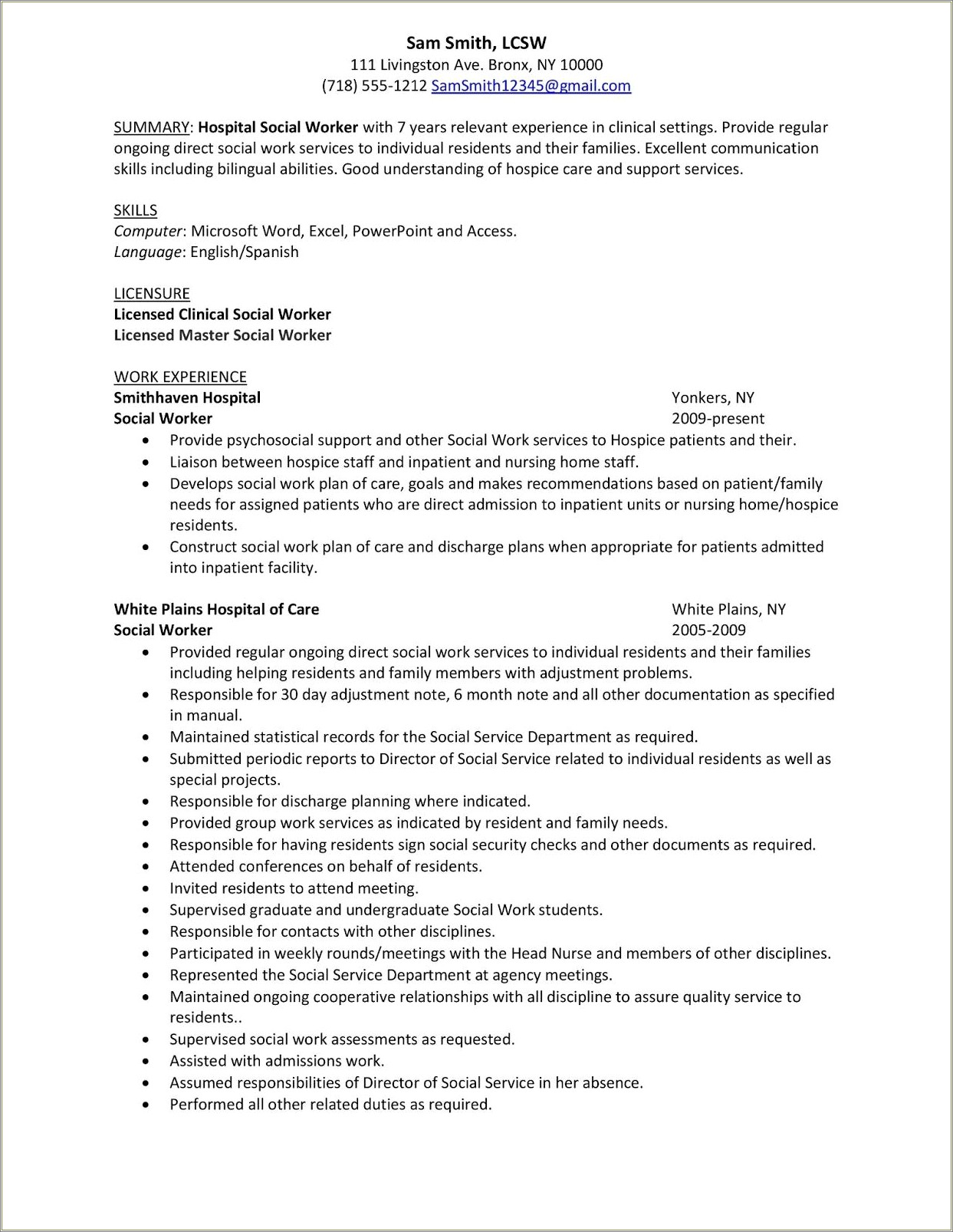 Professional Summary For Social Work Resume