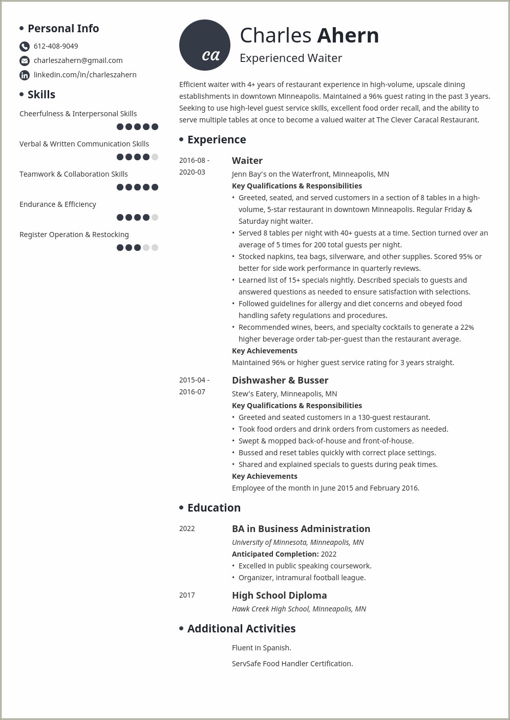 Professional Summary For Waiter Resume For Cashier Job
