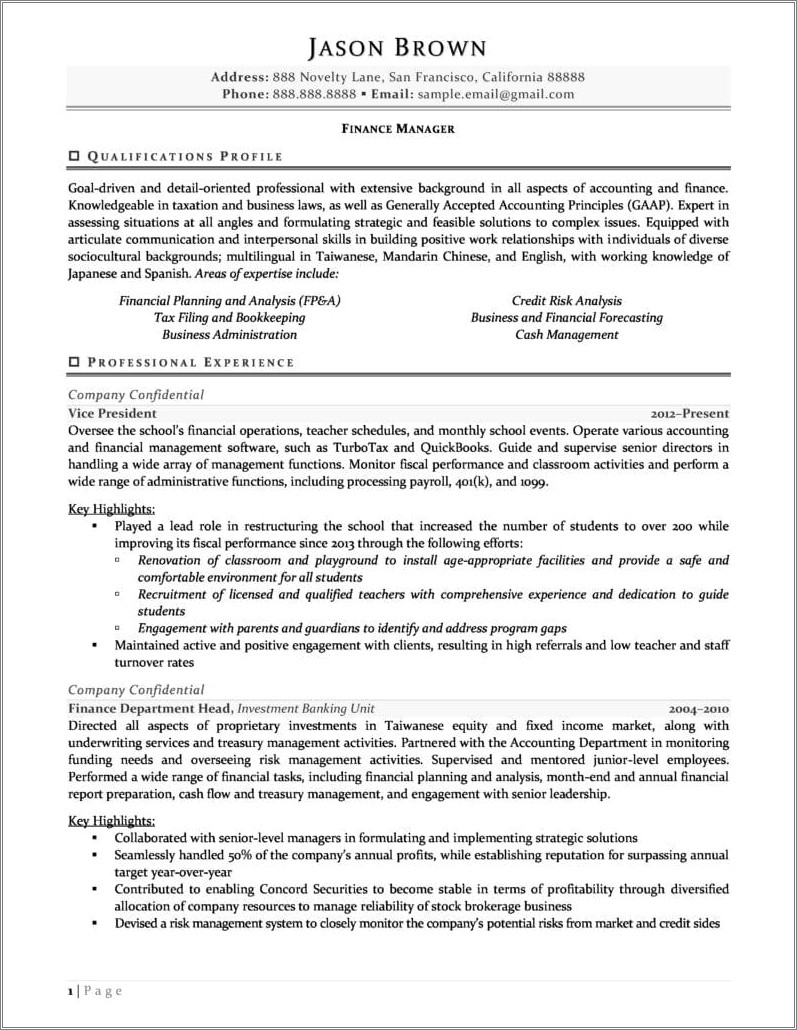 Professional Summary On Resume For Finance