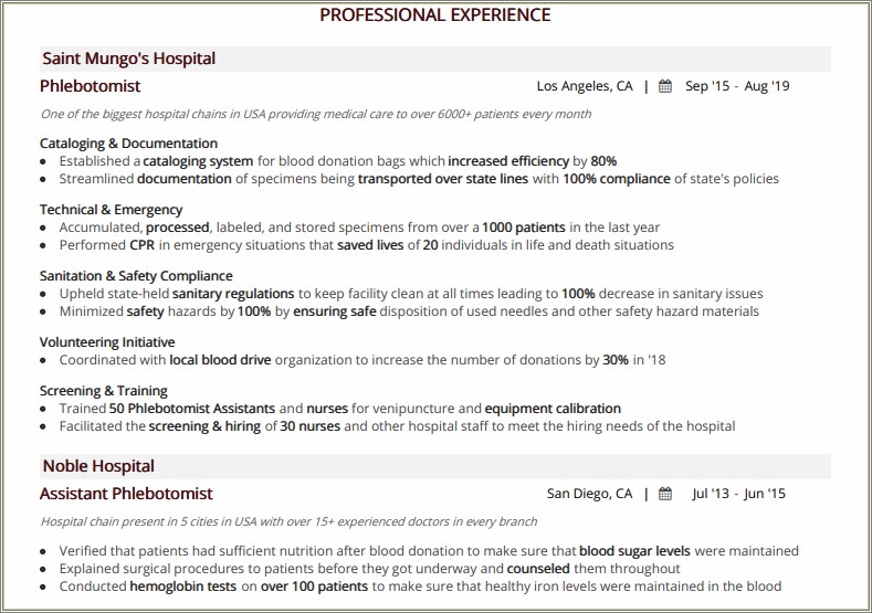 Professional Summary On Resume For Phlebotomist