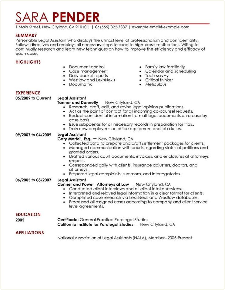 Professional Summary Resume For A Paralegal