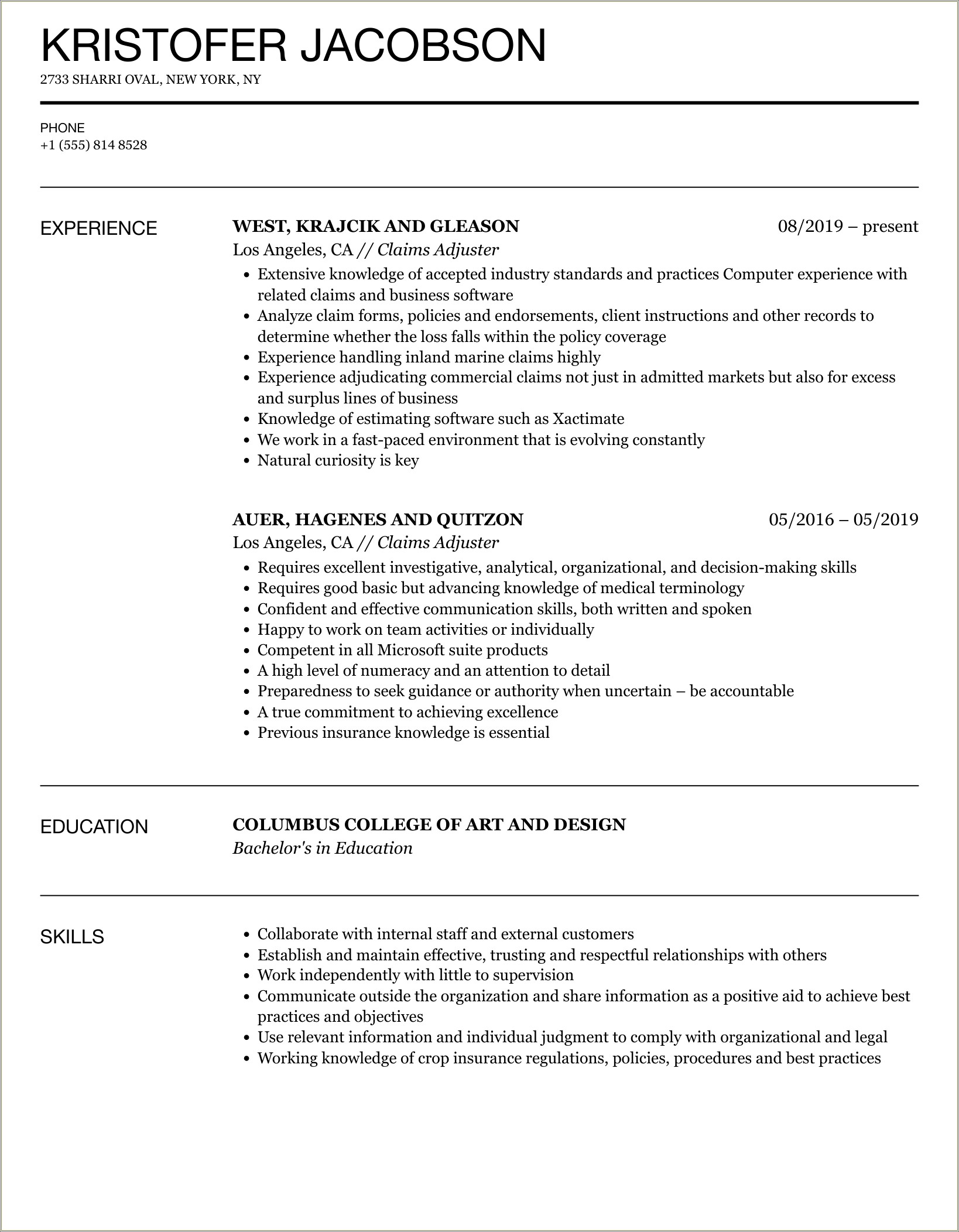 Professional Summary Resume For Senior Claims Adjuster