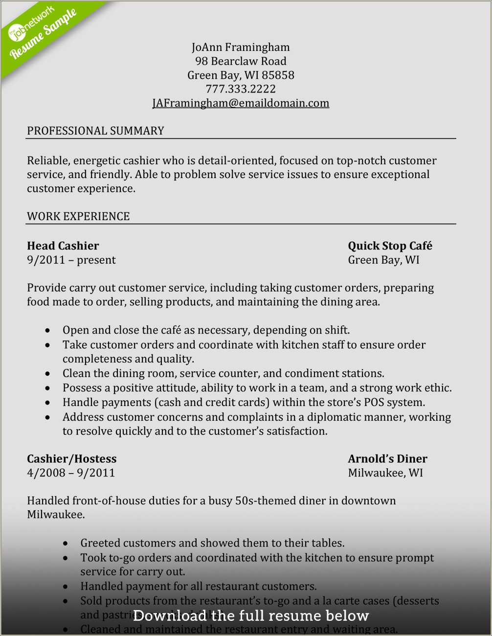 Professional Summary Resume Sample For Cashier