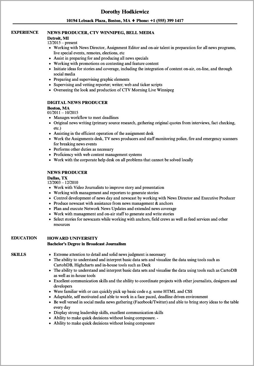 Profile Example In A Resume For Broadcasting