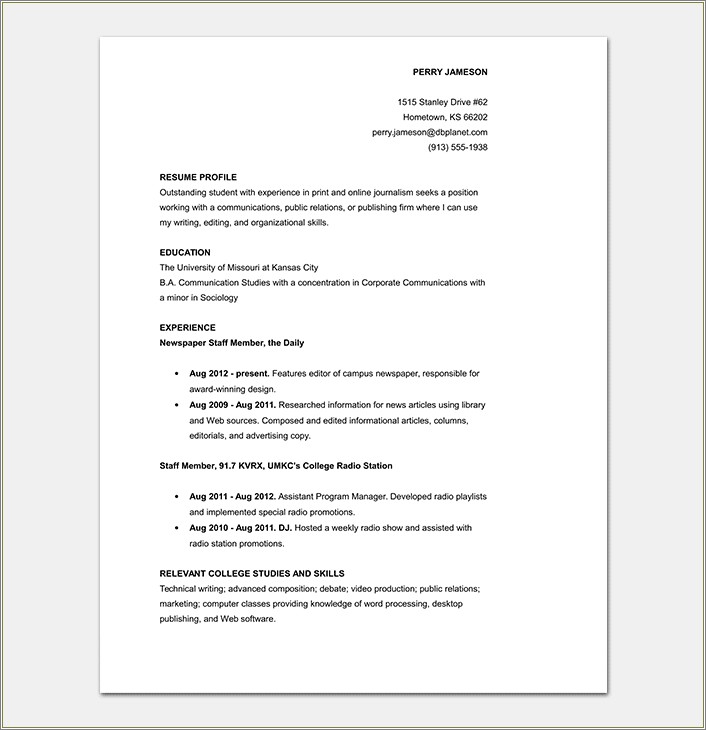 Profile Examples For College Student Resume
