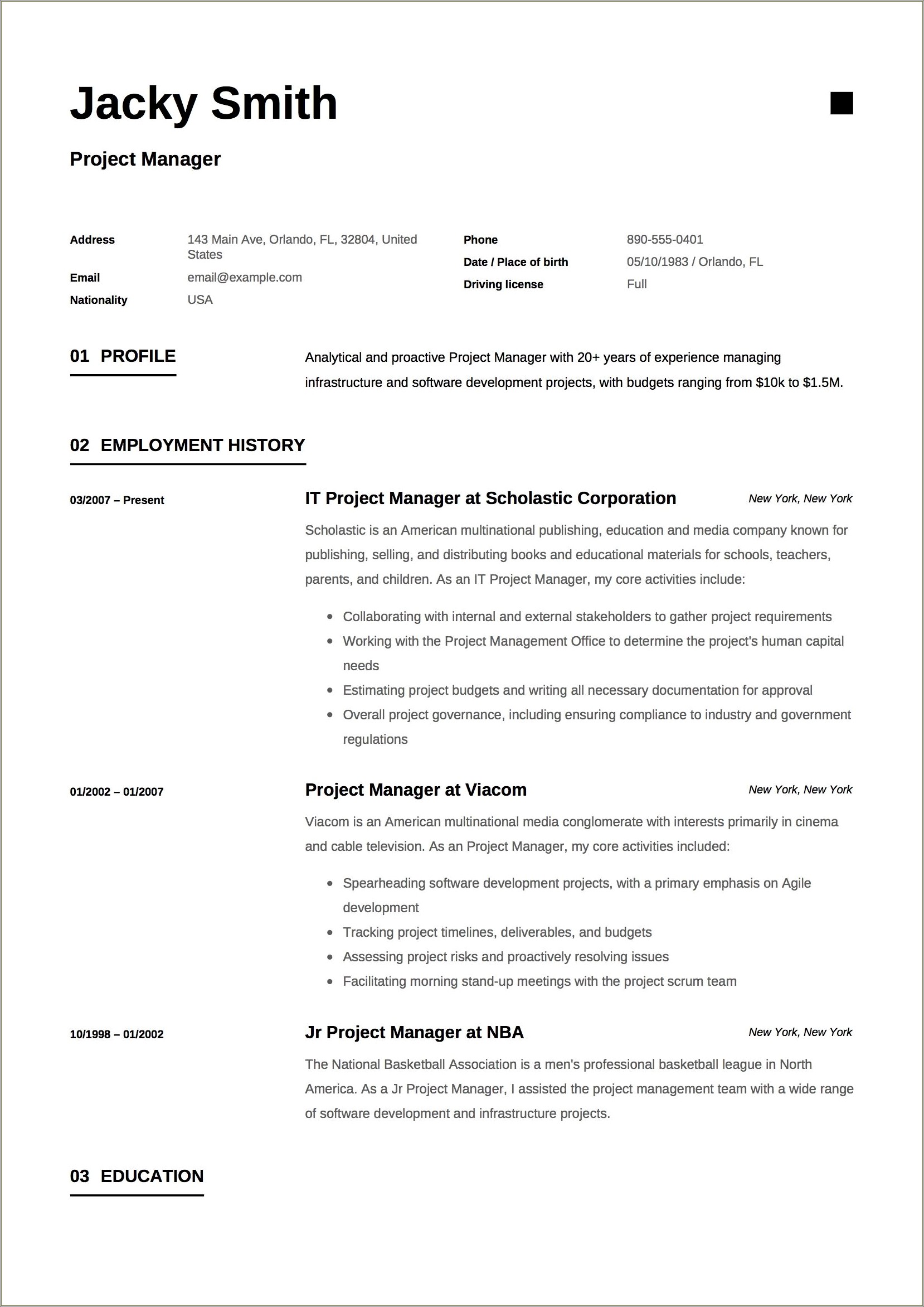 Profile Section Of Resume Project Manager