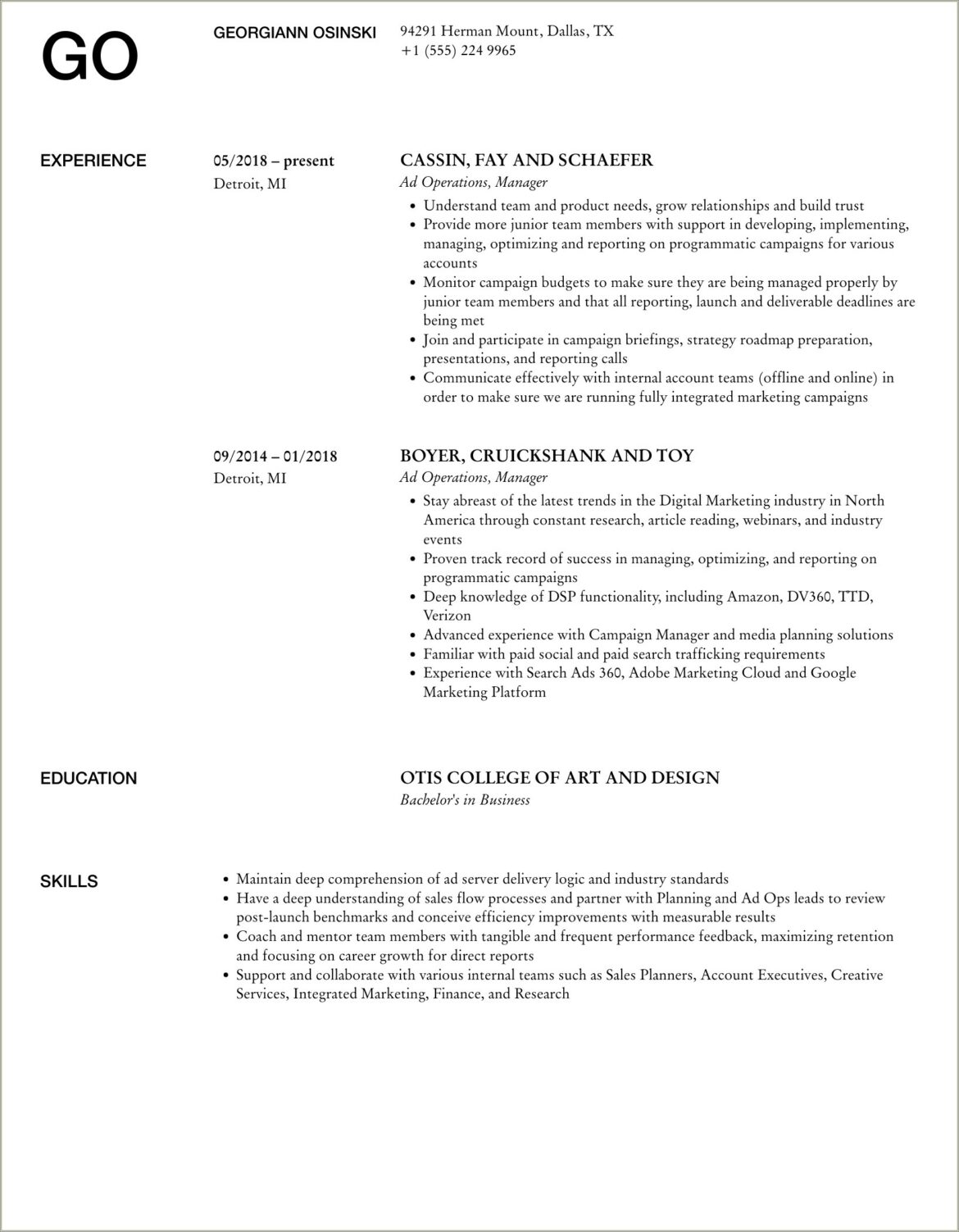 Programmatic Advertising Ad Ops Manager Resume