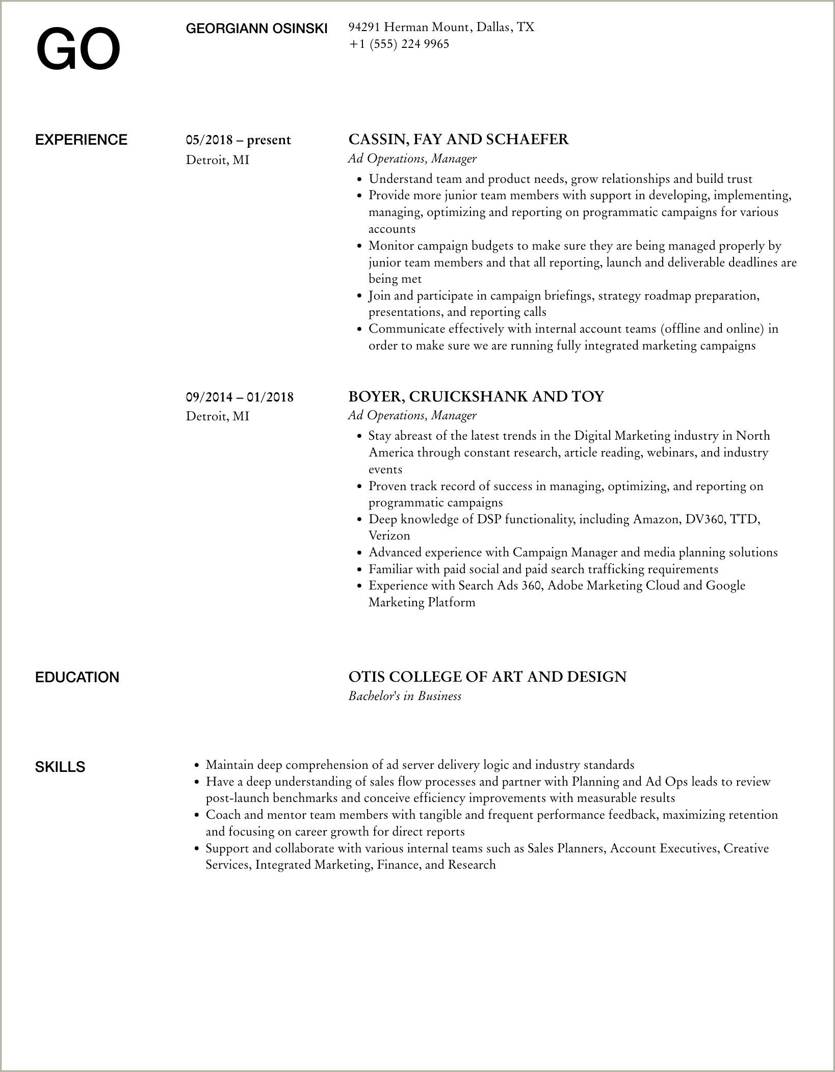 Programmatic Advertising Ad Ops Manager Resume