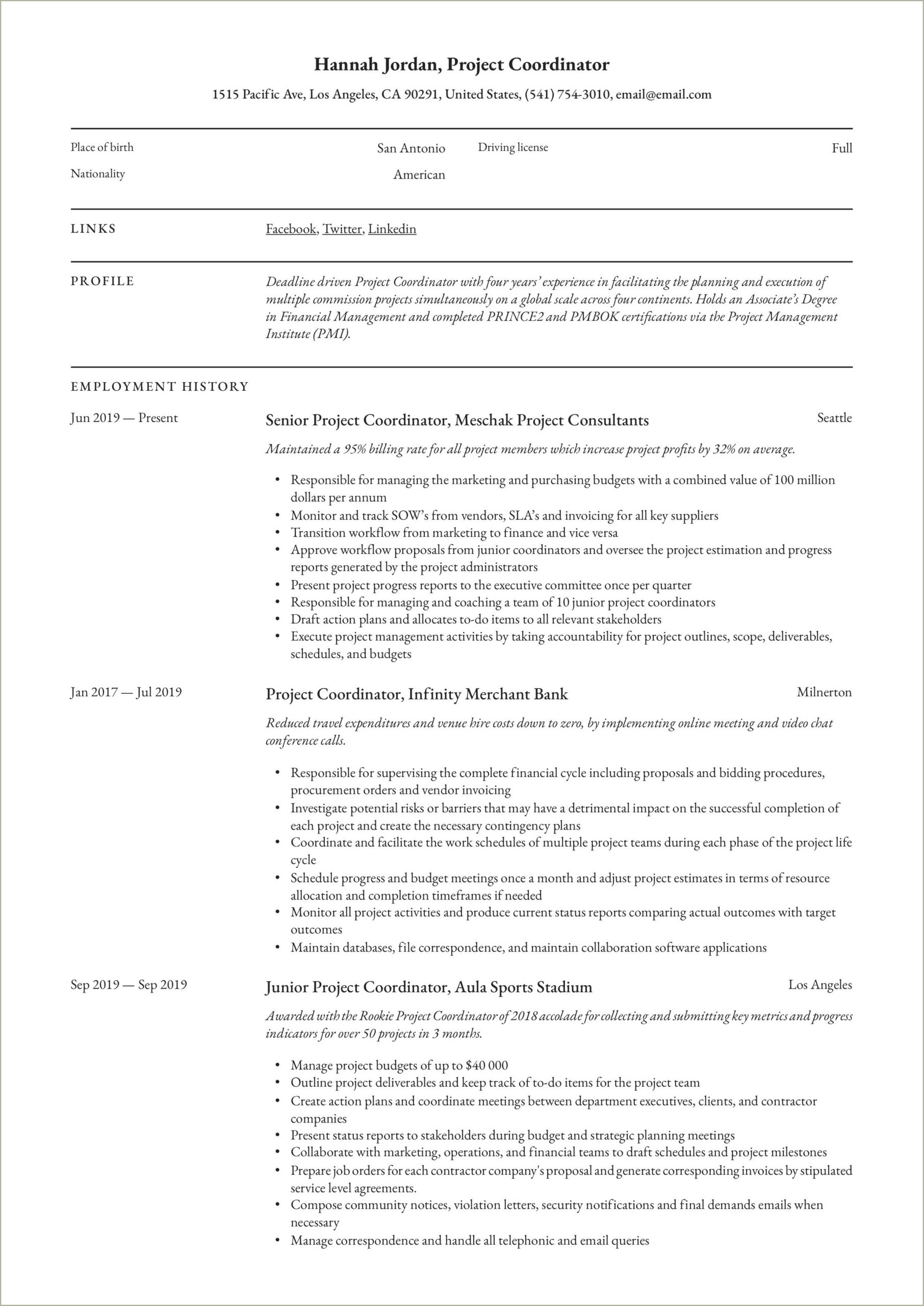 Project Coordinator Entry Level Resume Samples