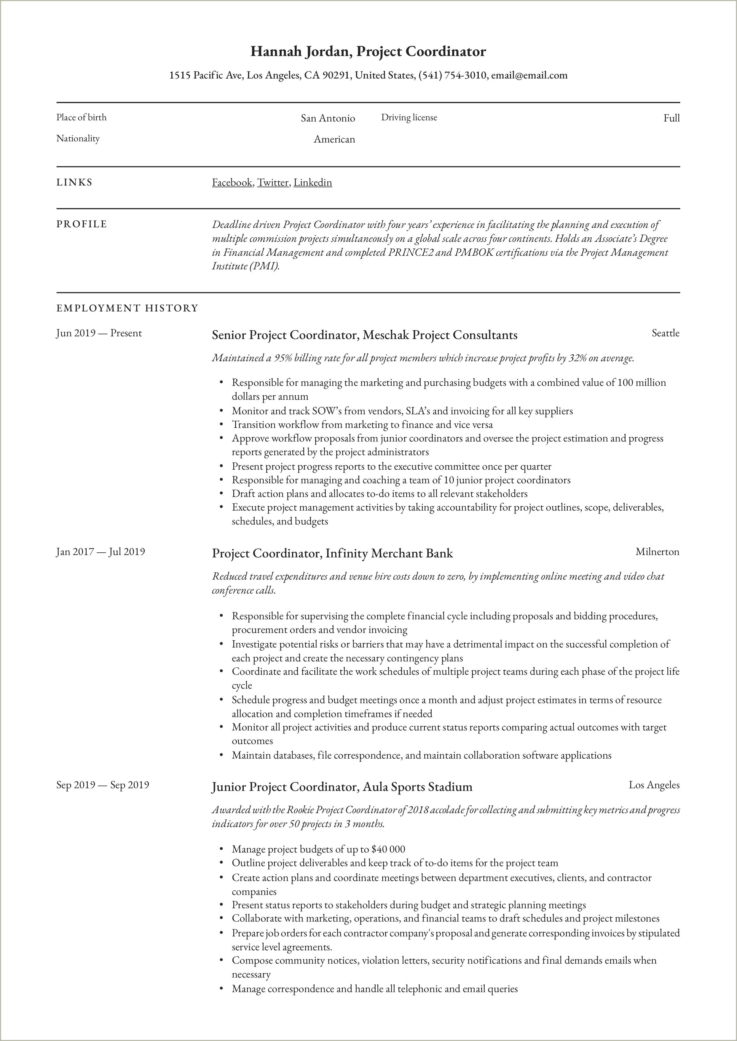 Project Coordinator Entry Level Resume Samples