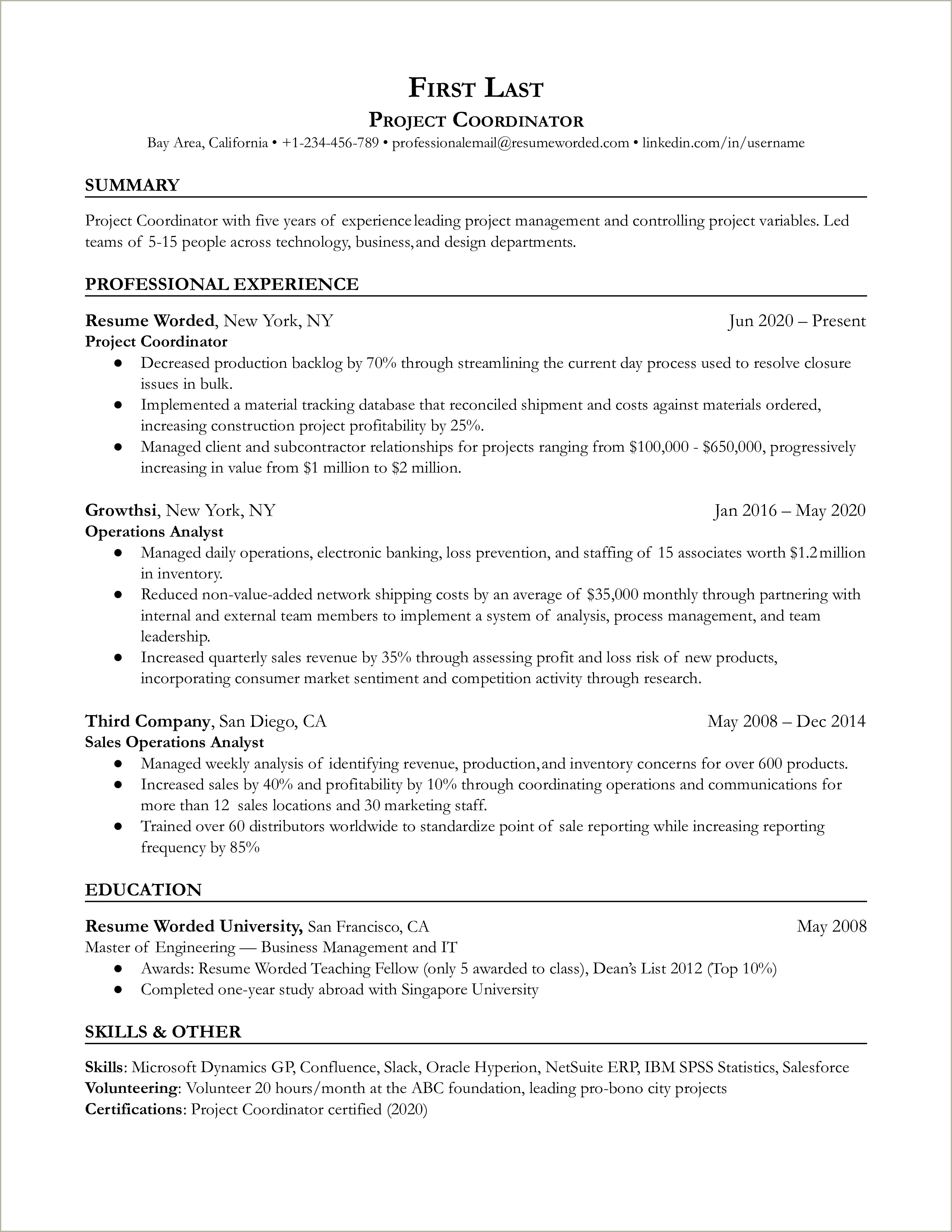 Project Coordinator Resume Samples With Ms Powerpoint