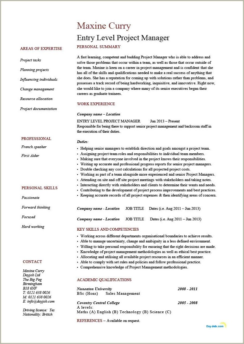Project Management Entry Level Resume Objective
