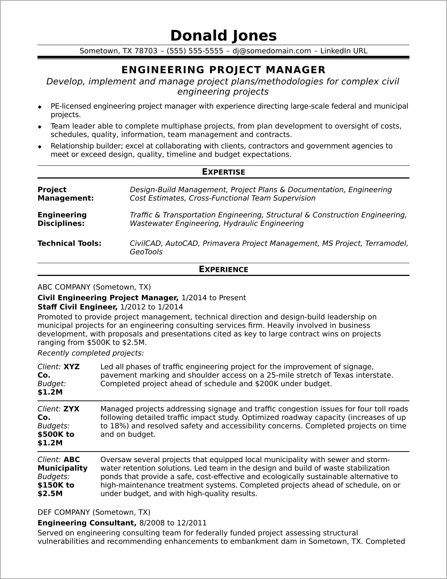 Project Management In Industrial Engineering Resume