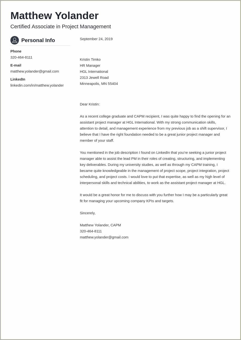 Project Management Resume Cover Letter Examples