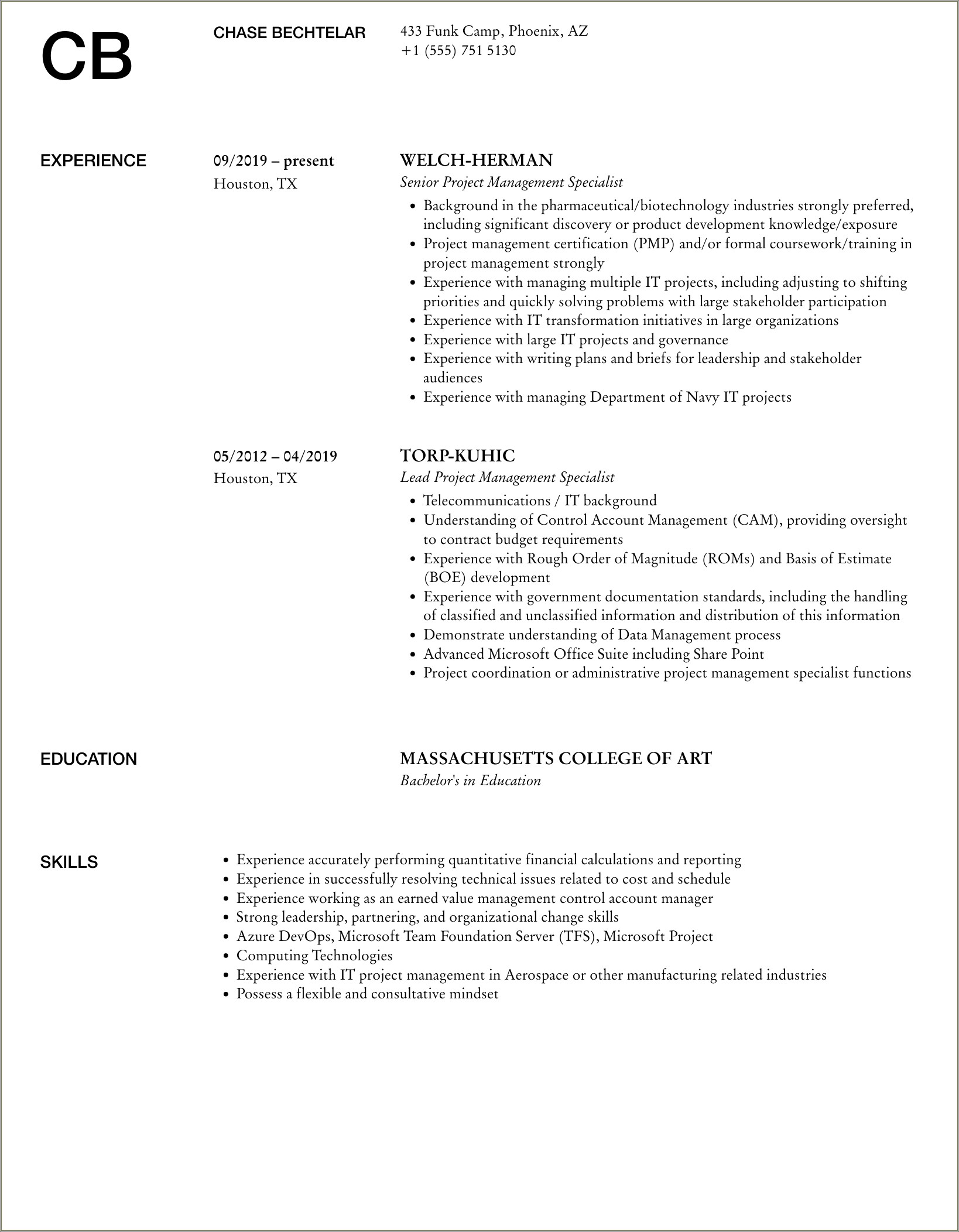 Project Management Specialist Resume For Usace