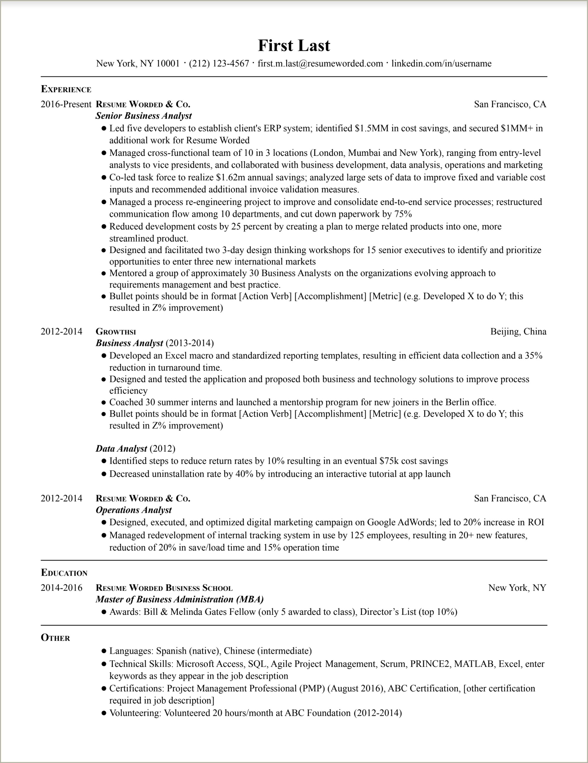 Project Manager Business Analyst Resume Summary