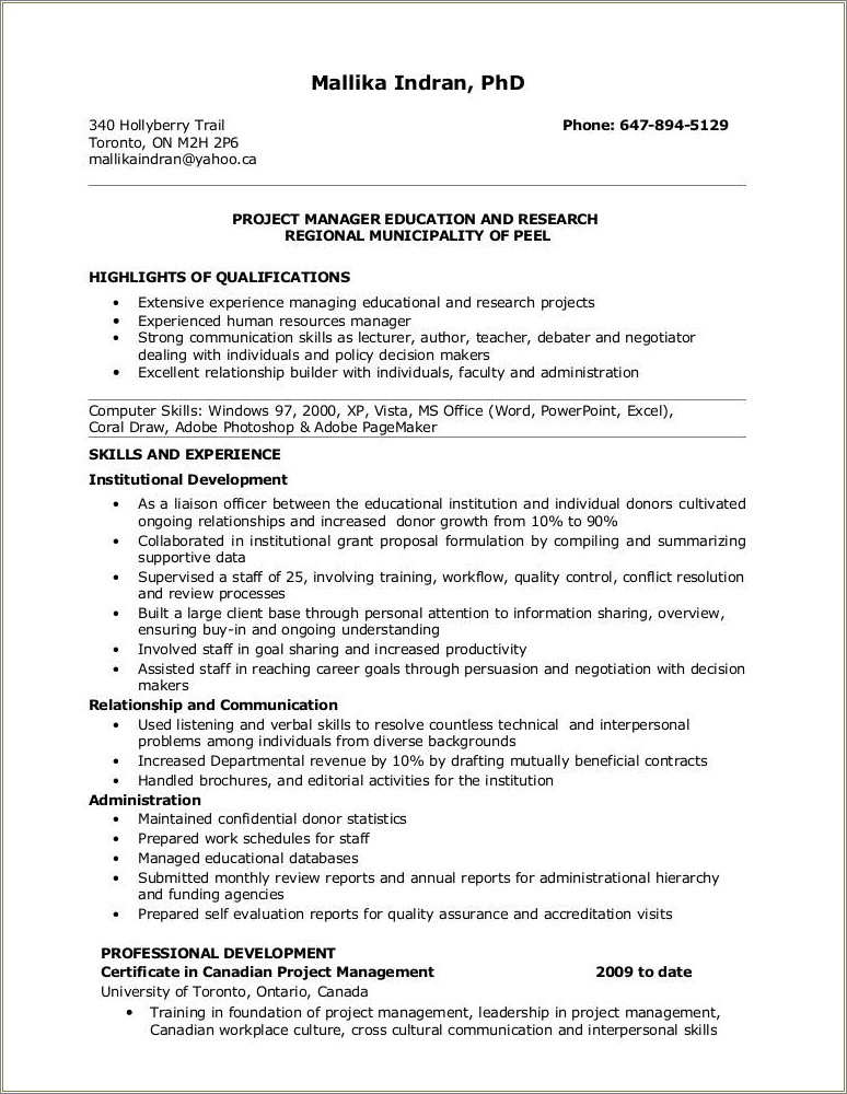 Project Manager Experience Description For Resume