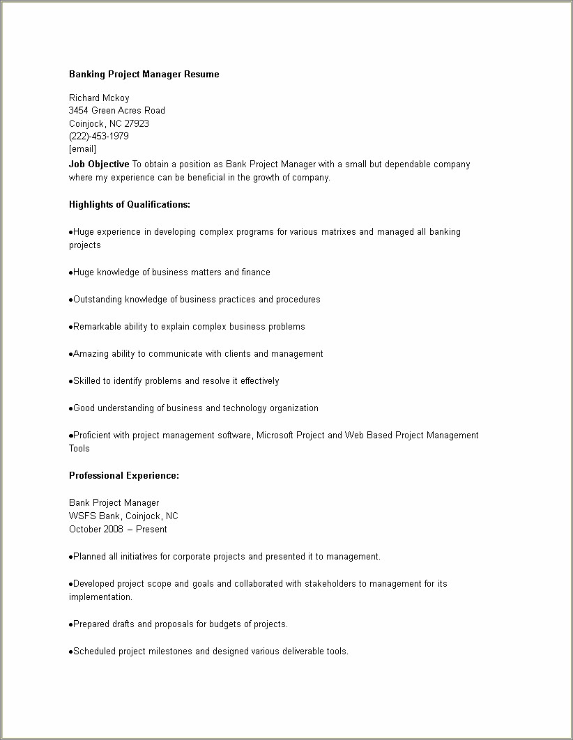 Project Manager Job Description Resume Doc