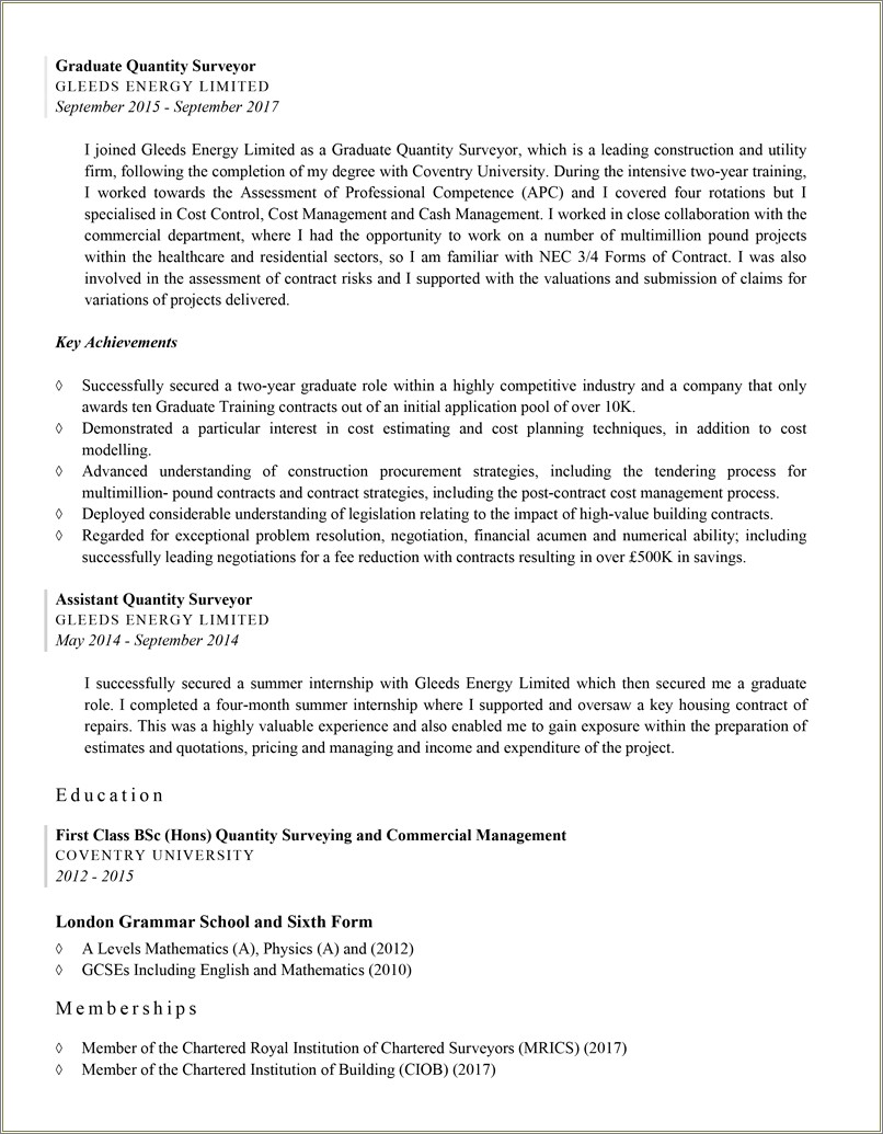 Project Manager Quantity Surveying Estimating Resume