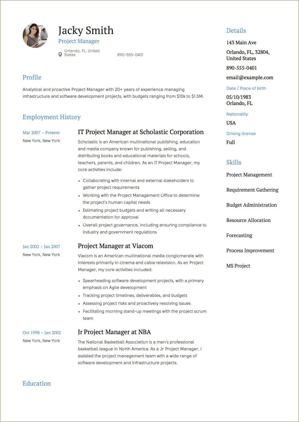 Project Manager Resume Sample Free Download