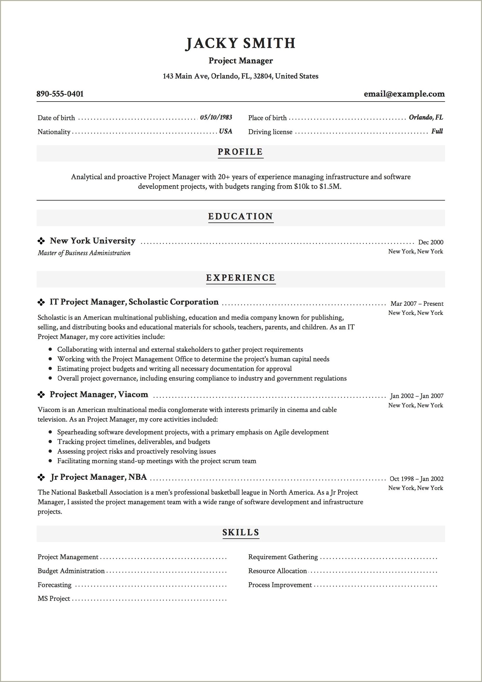Project Manager Resume Summary Statement Examples