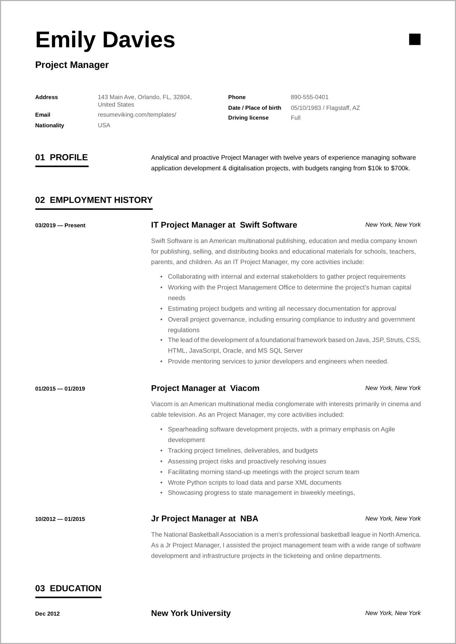 Project Manager Resume Template Without Objective