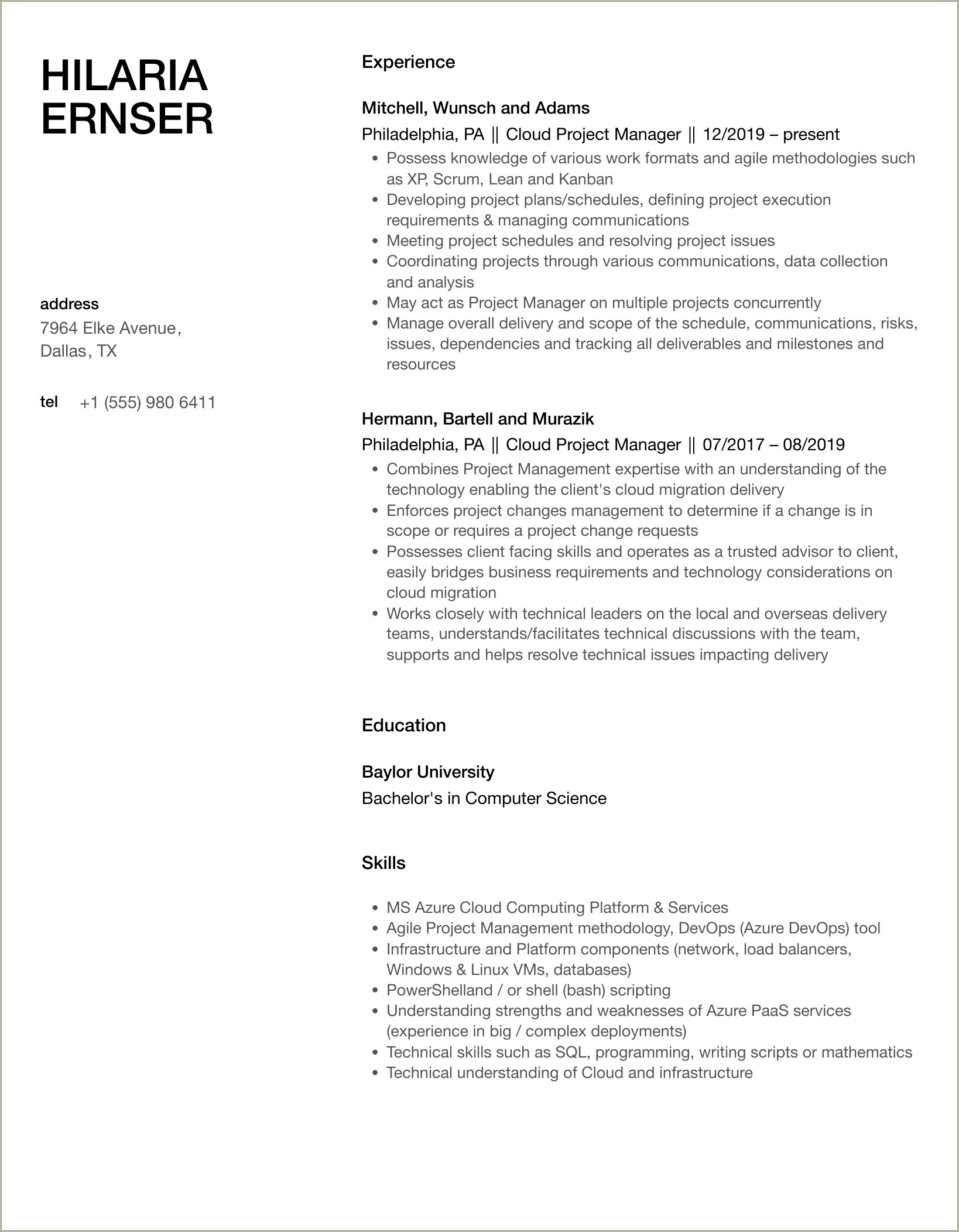 Project Manager Sample Resume Cloud Computing