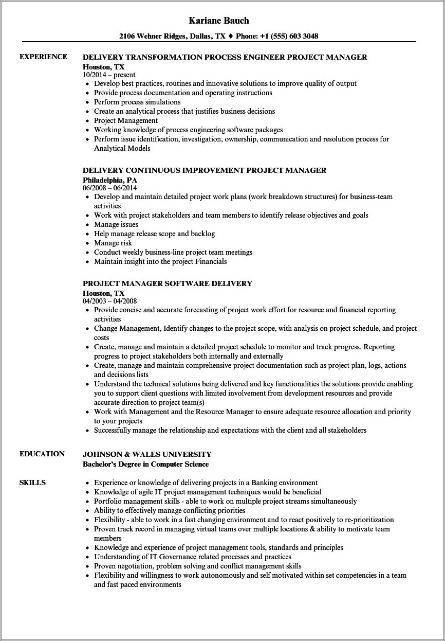 Project Manager Work Objectives For Resume