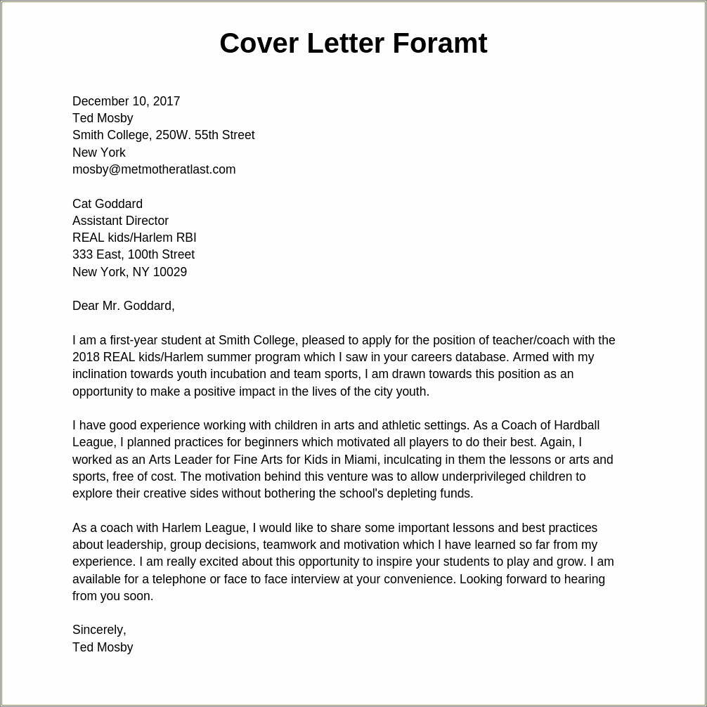 Proper Format For Cover Letter Resume