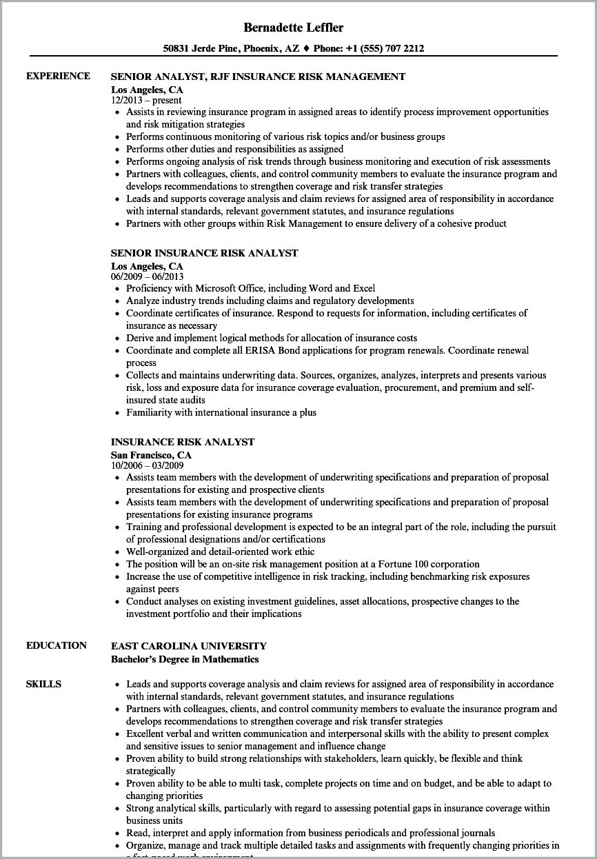 Property And Casualty Business Analyst Sample Resume
