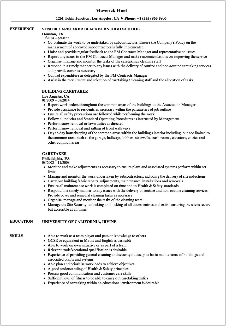 Property Caretaker Job Description For Resume