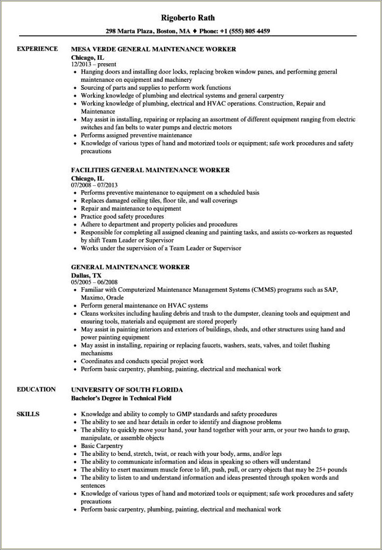 Property Maintenance Job Description For Resume