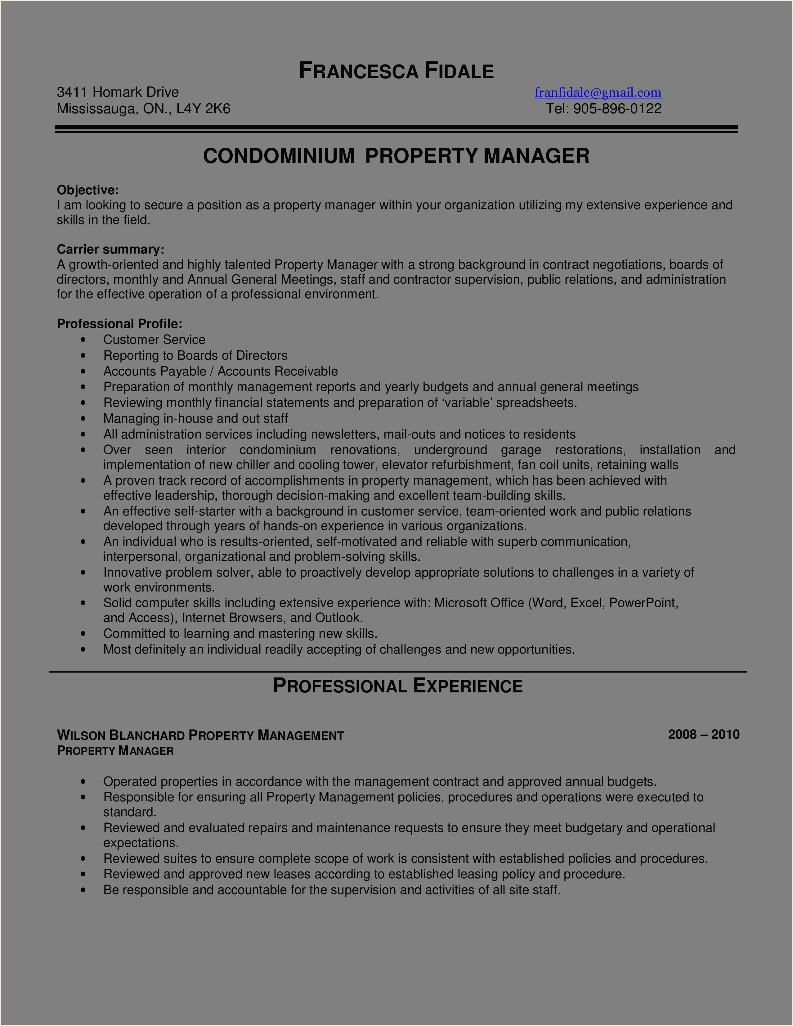 Property Management Skills Resume For Manager Position