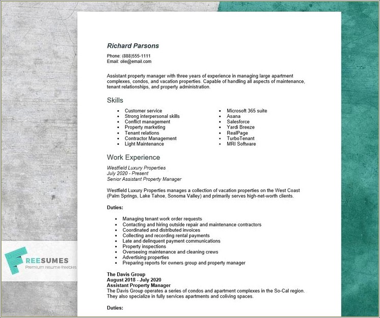 Property Manager Be Included In A Resume