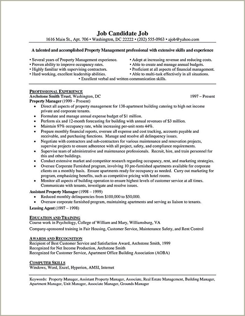 Property Manager Excel Spreadsheet For Resume
