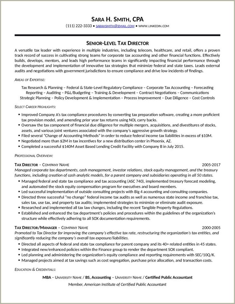 Property Manager Tax Credit Resume Sample