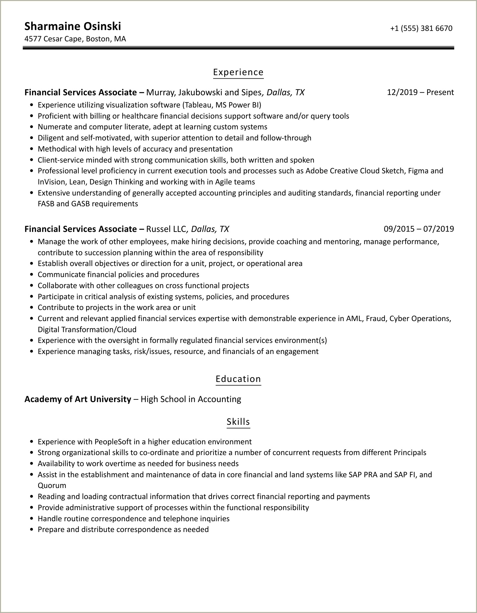 Prudential Financial Professional Associate Resume Example