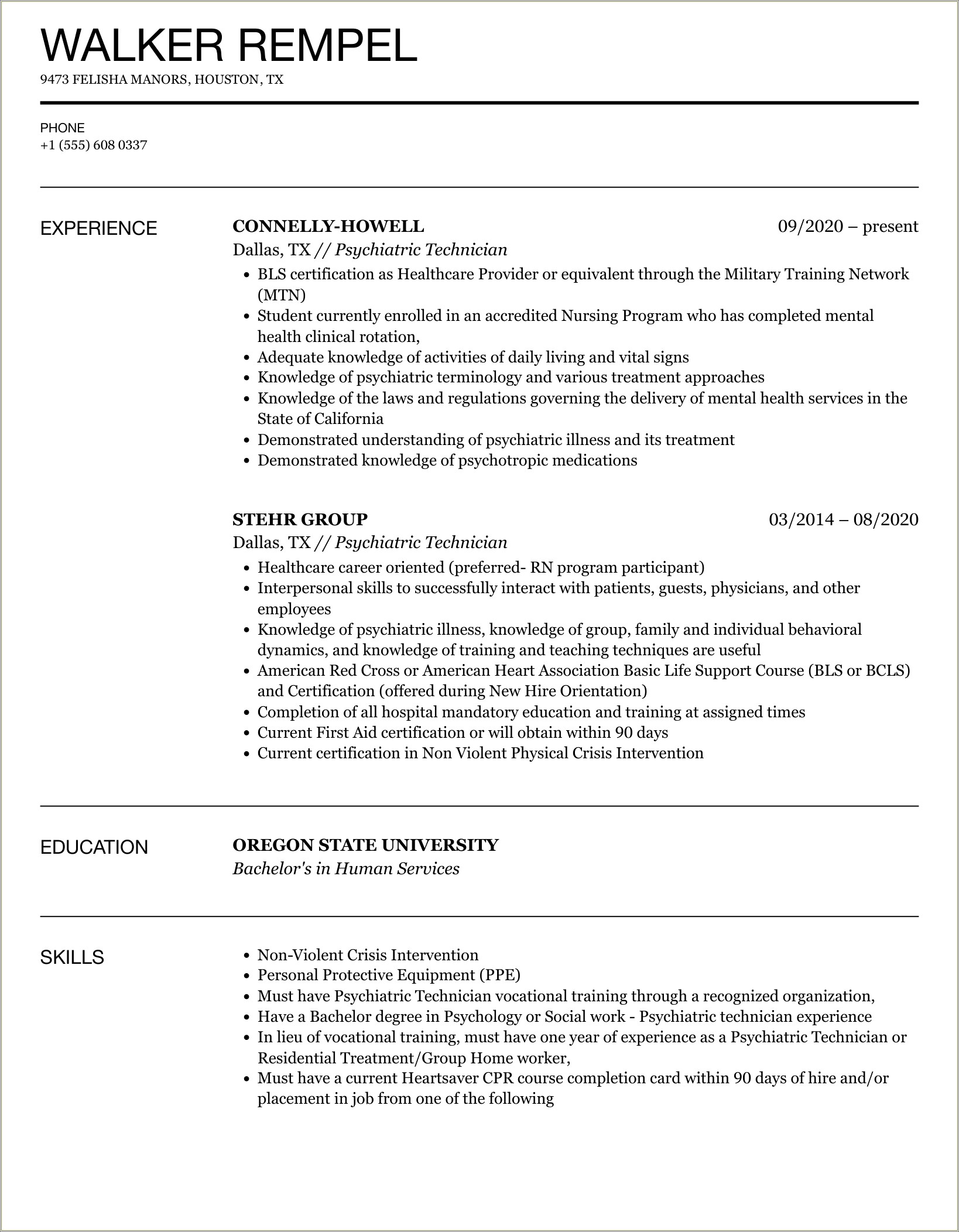 Psychiatric Technician Resume Objective For Entry Level Position